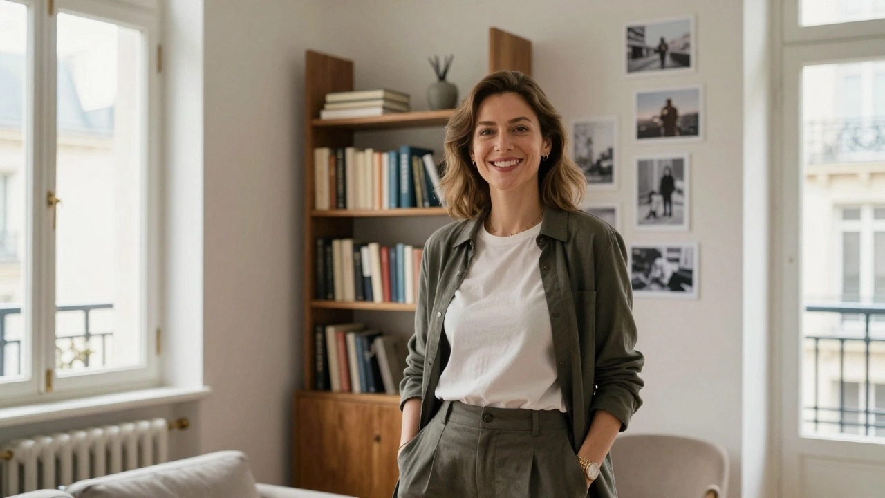 A professional woman in a cozy Paris apartment, natural light, authentic surroundings.