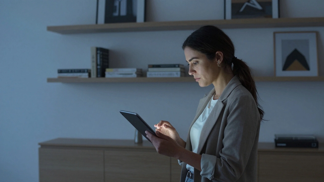 A professional woman reviewing encrypted messages in a modern Dubai apartment, surrounded by books and art.