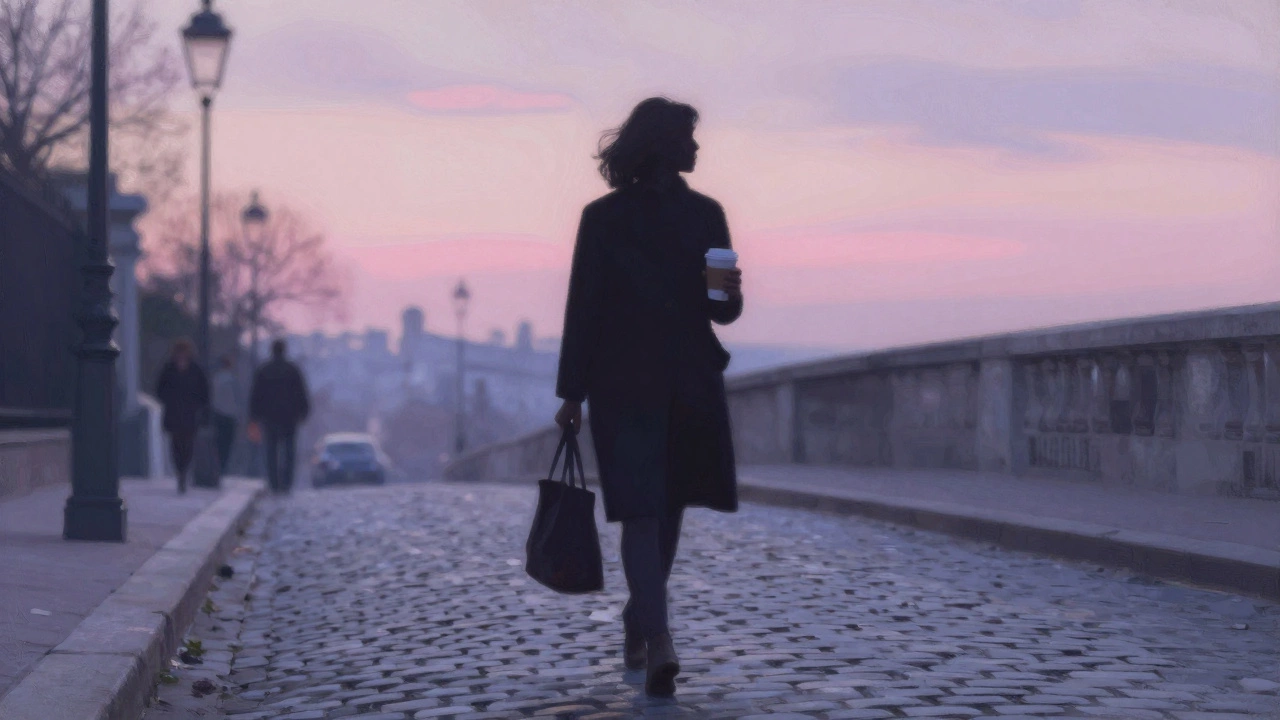 A solitary woman walking through Montmartre at dawn, soft pastel sky.