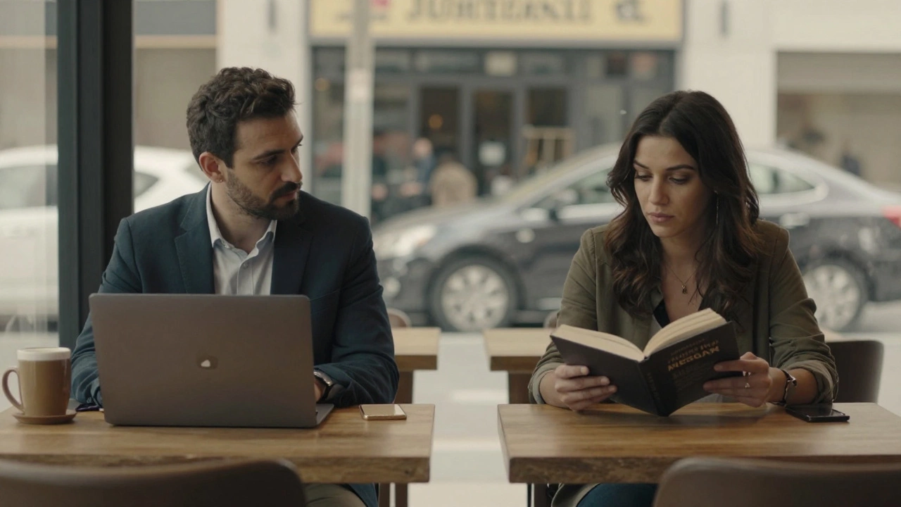 Two strangers in a quiet Dubai café share a silent, meaningful glance, conveying unspoken connection.